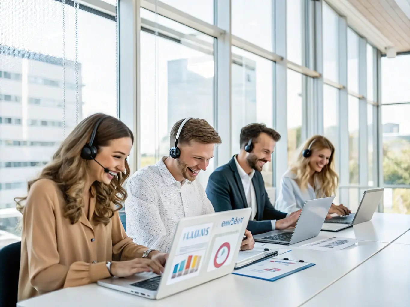 An image of a customer service team interacting with clients via digital platforms, with CRM dashboards visible, emphasizing customer engagement.