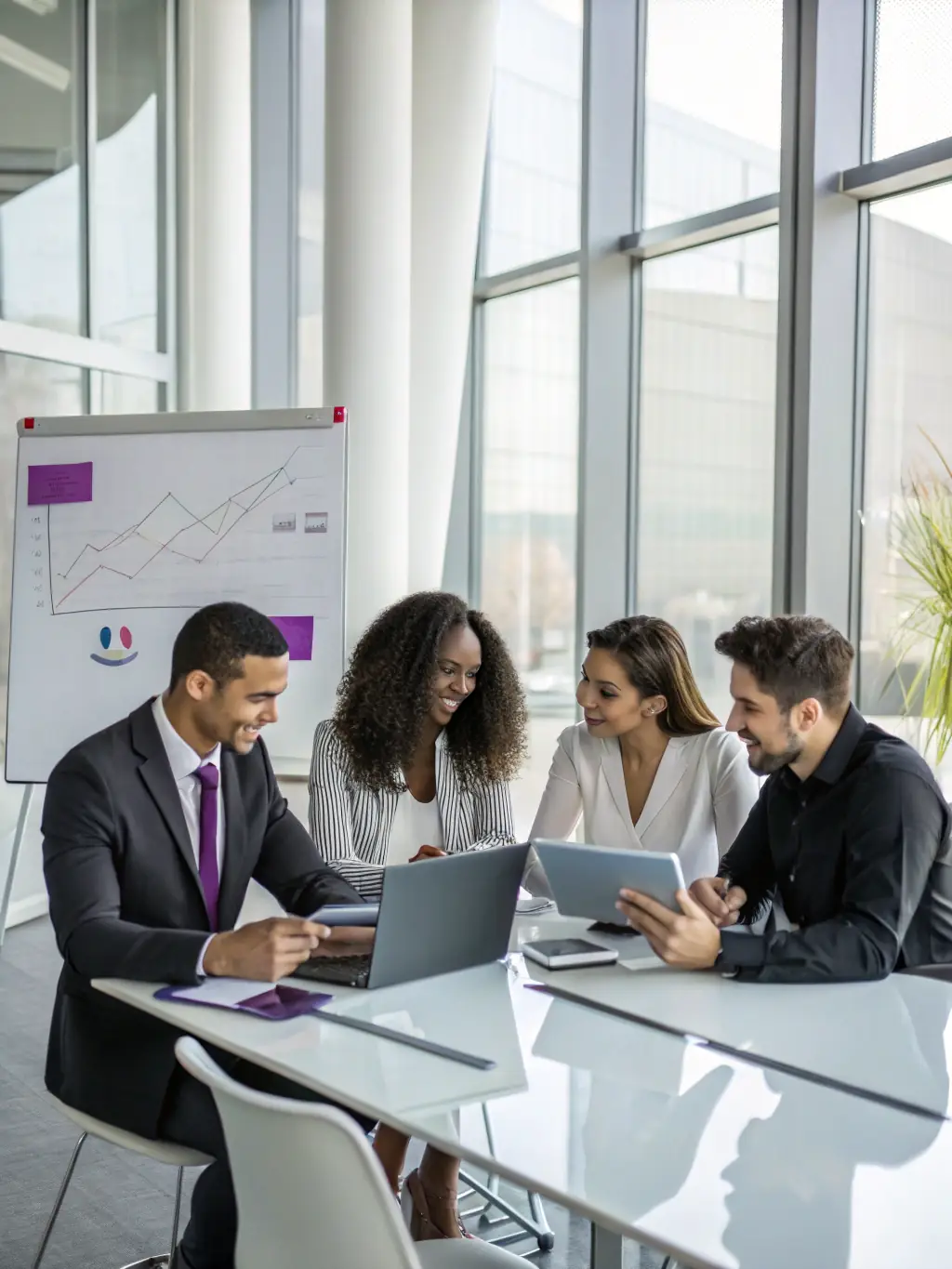 A professional team collaborating on sales strategy in a modern office, with digital displays showing market analysis and growth projections.