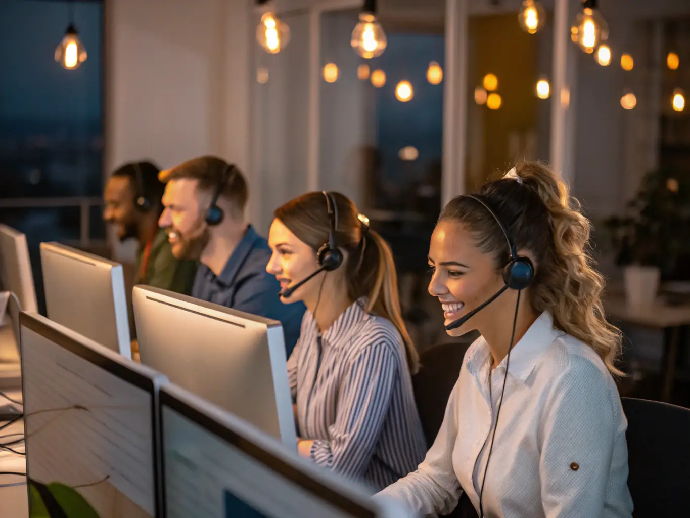 A customer service team engaging with clients through various digital channels, showcasing a seamless CRM system.