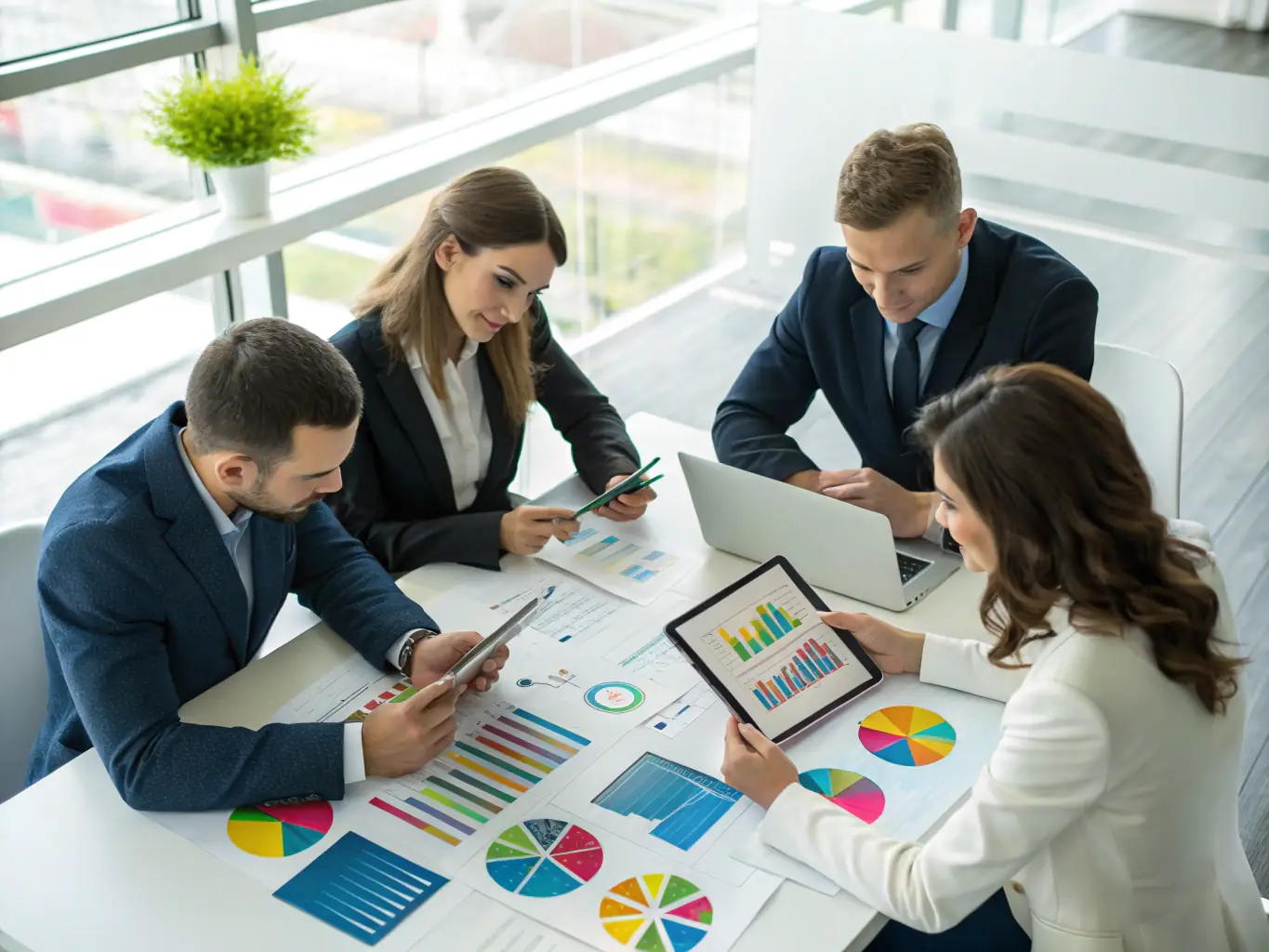 A professional team collaborating on a sales strategy, using data analytics to optimize their approach and improve results.