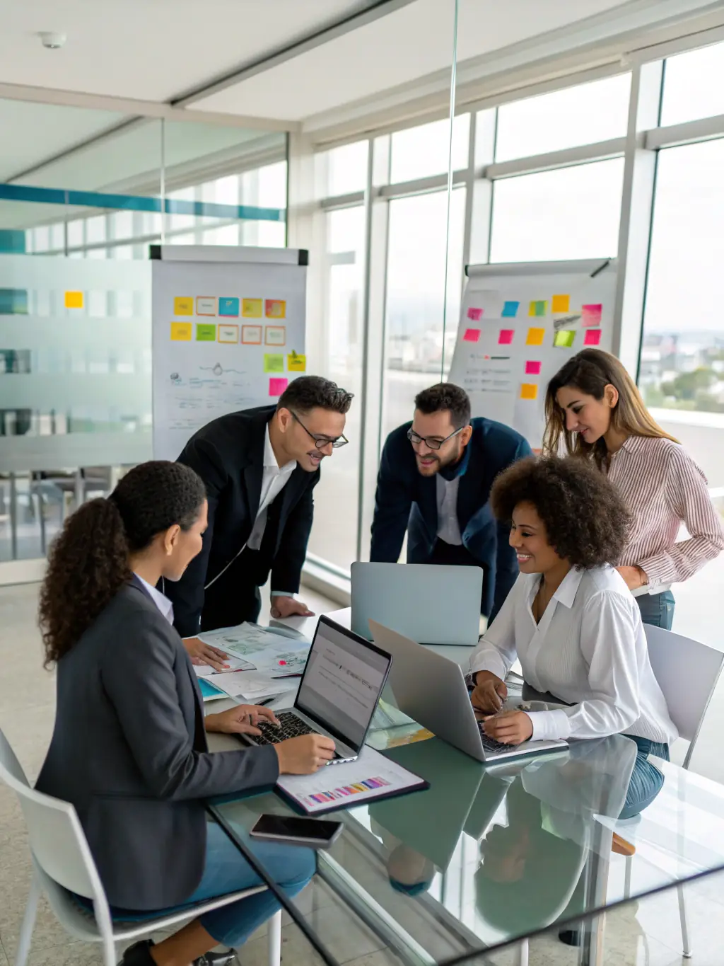 A diverse team brainstorming innovative sales solutions in a collaborative workspace, surrounded by whiteboards filled with ideas.